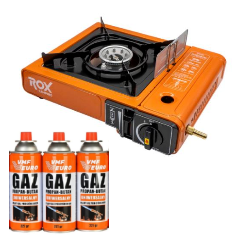 Rox Camping 0189 Tekli Portatif Kamp Ocak - Turuncu, Rüzgarlıklı, Ekstra Gaz Girişli + 3 Adet VMF Gaz