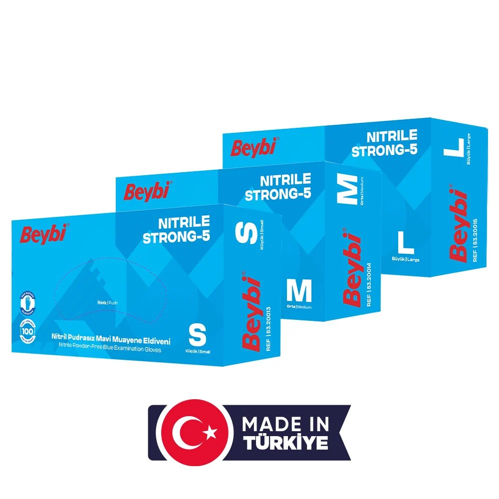 Beybi Strong-5 Pudrasız Mavi Nitril Muayene Eldiveni - 100'lük Kutu