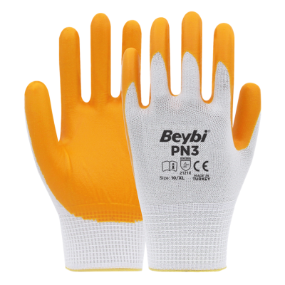 Beybi PN3 Polyester Örme Nitril Eldiven SARI   NO:10
