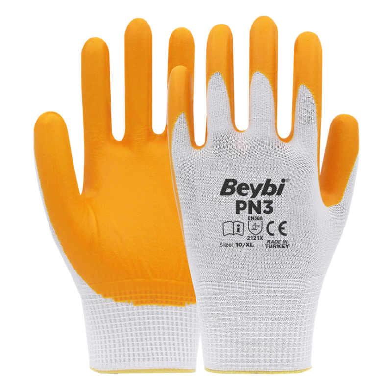Beybi PN3 Polyester Örme Nitril Eldiven SARI   NO:10