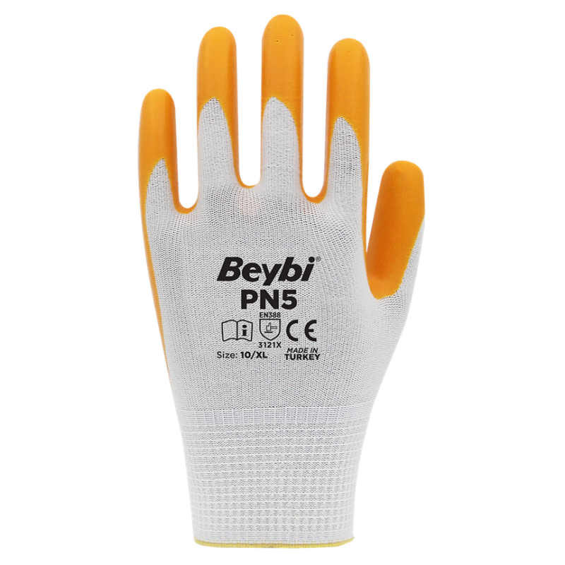 Beybi PN5 Polyester Örme Nitril Eldiven- Sarı - Numara: 10