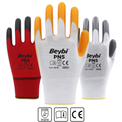 Beybi PN5 Polyester Örme Nitril Eldiven- Sarı - Numara: 10