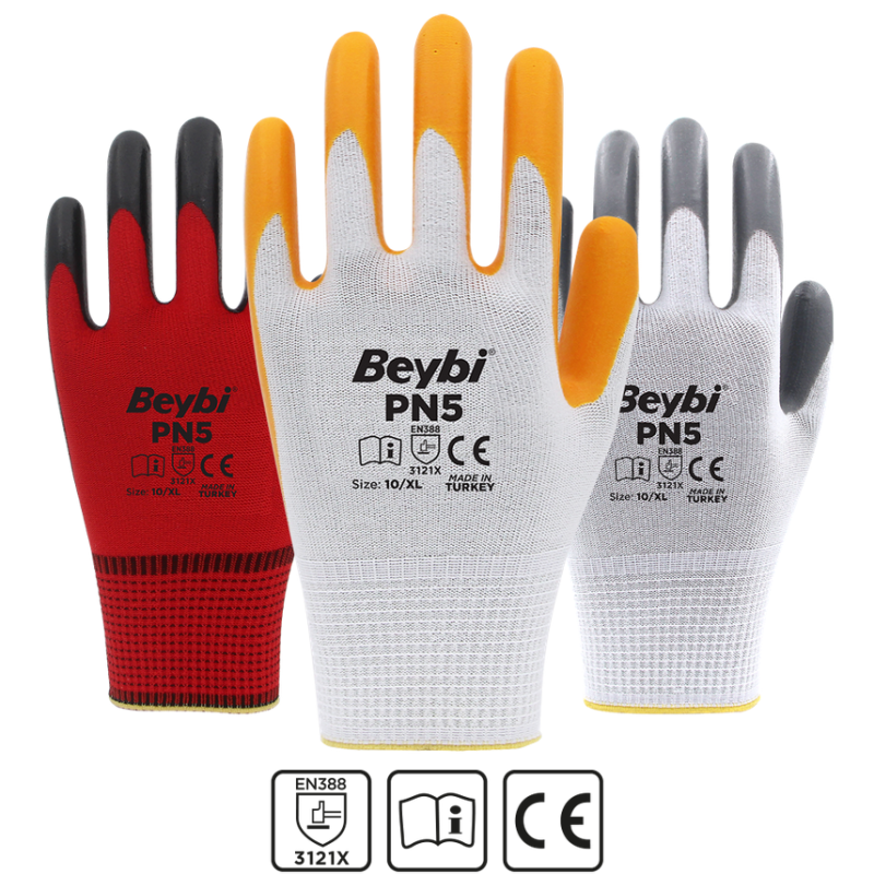 Beybi PN5 Polyester Örme Nitril Eldiven- Sarı - Numara: 10