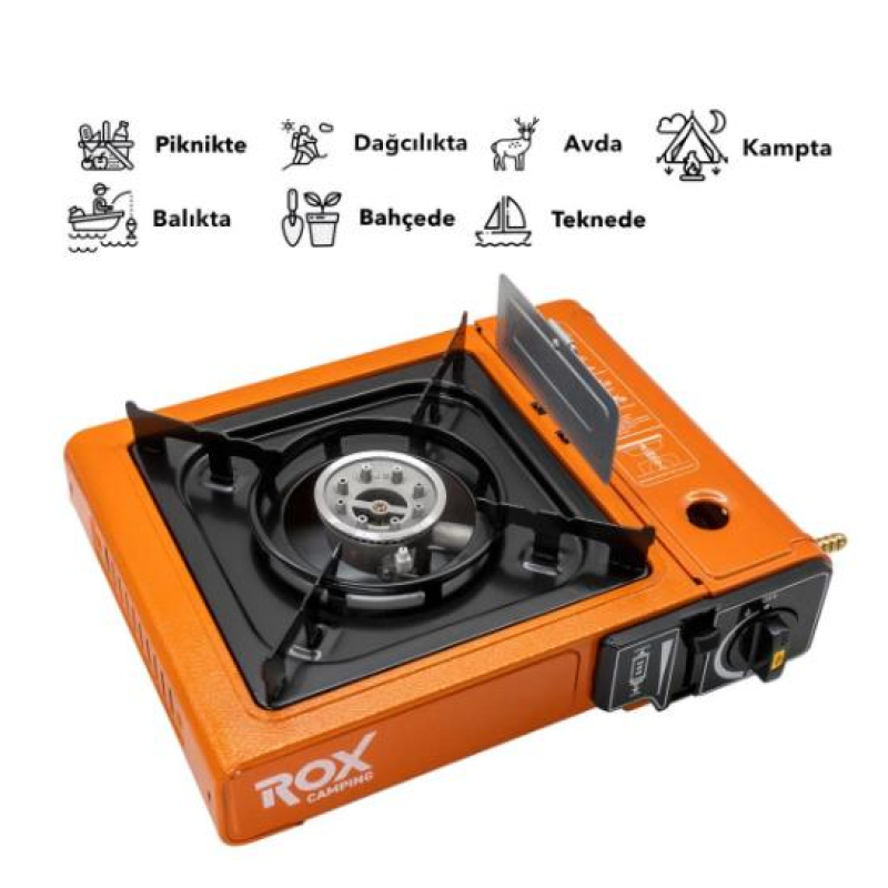 Rox Camping 0189 Tekli Portatif Kamp Ocak - Turuncu, Rüzgarlıklı, Ekstra Gaz Girişli
