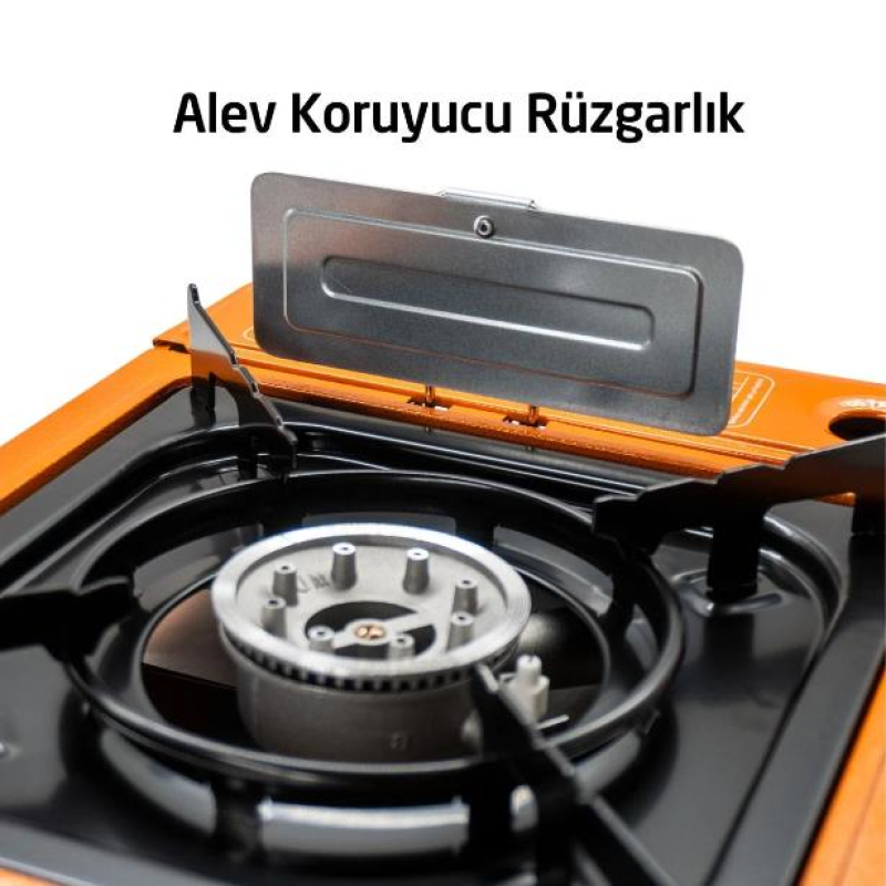 Rox Camping 0189 Tekli Portatif Kamp Ocak - Turuncu, Rüzgarlıklı, Ekstra Gaz Girişli + 3 Adet VMF Gaz
