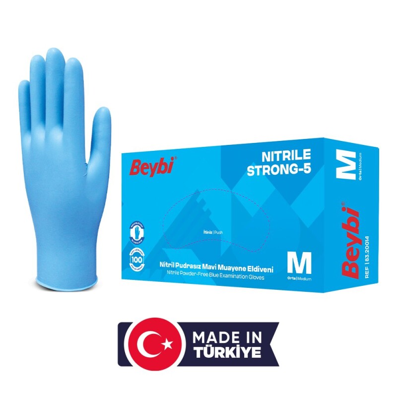 Beybi Strong-5 Pudrasız Mavi Nitril Muayene Eldiveni - 100'lük Kutu