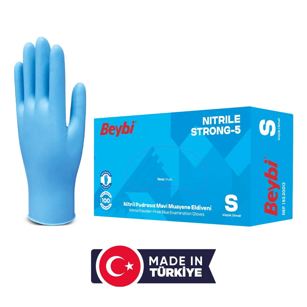Beybi Strong-5 Pudrasız Mavi Nitril Muayene Eldiveni - 100'lük Kutu